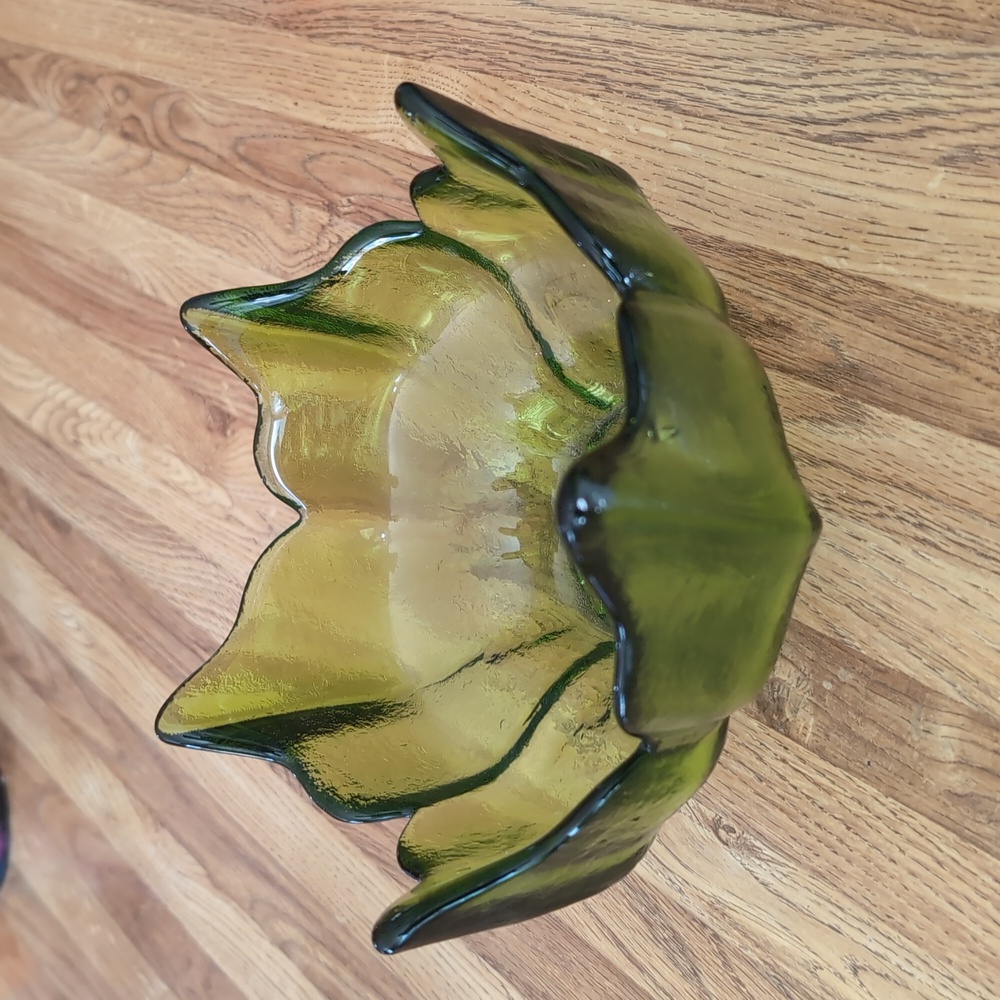 Vintage Viking Glass Green Lotus Bowl Home Decor Floral Catch All Dish